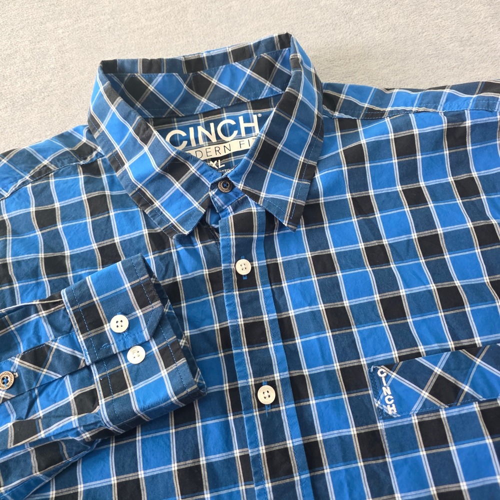 Cinch Modern Fit Mens XL Blue Black Plaid Cotton Long Sleeve Button Down Shirt